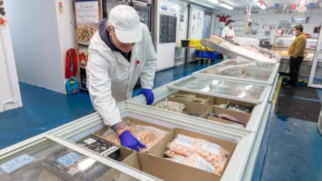 A fishmonger reaching into a fridge.